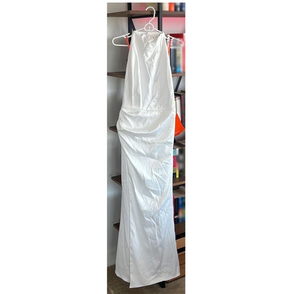 Milla white mock neck sleeveless low slit dress